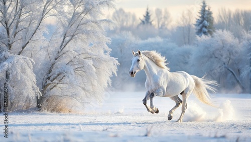 A white horse running in a snowy field with a blurred background and frozen trees