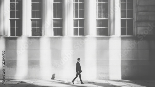 Obraz na płótnie Man in suit walking past classical building. w salonie