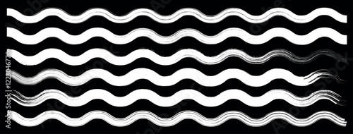 White thick and thin zig zag lines on black background. Zig zag print with distress texture. Painted ornament for kids Horizontal vector geometric brush strokes.
