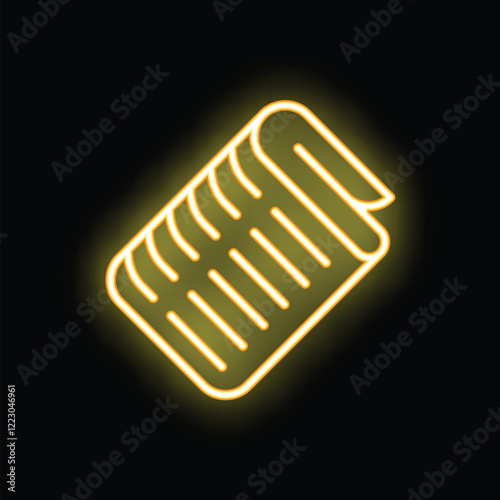 Bright yellow neon icon of a rolled up sleeping bag glowing against a dark background