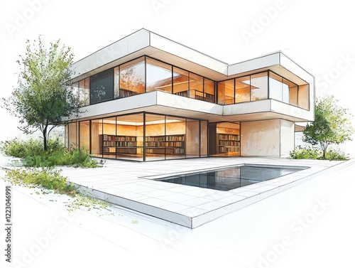 Sleek and Minimalist Modern Architectural Sketch of a Residential House with Bold Lines and Large Windows