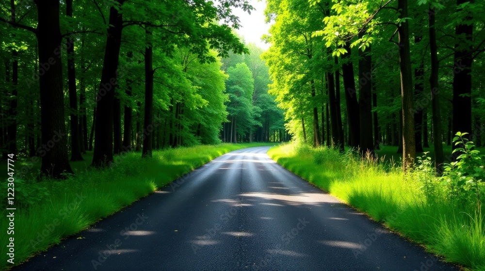 Obraz premium Serene asphalt path winding through a lush green canopy of tall trees, bathed in sunlight