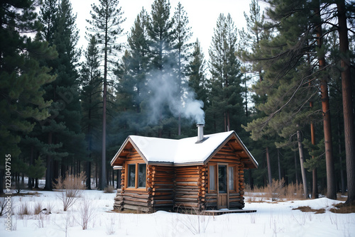 Cozy wooden cabin in snowy pine forest