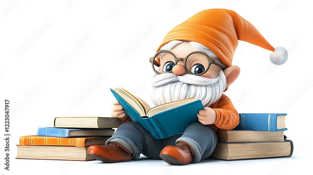Cozy Gnome Reading a Book Surrounded by Piles of Colorful Books on a White Background Cozy Gnome Reading a Book Surrounded by Piles of Colorful Books on a White Background
