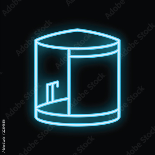 Blue neon sign depicting a modern shower stall with a glass door, radiating a vibrant glow against a dark backdrop