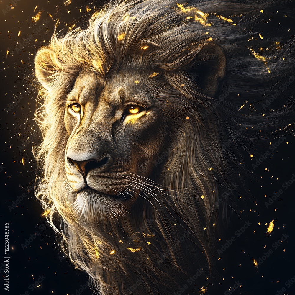 Naklejka premium Majestic Golden Lion Portrait with Fiery Mane and Glowing Eyes Against Dark Background