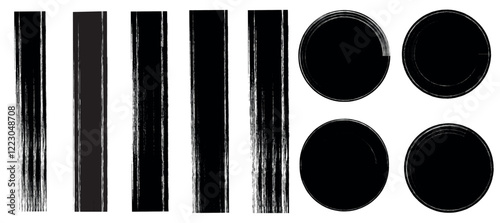 Grunge rectangle and circles brush set. Black circle and rectangle frames. Round and rectangle line of black paint. Black ink splatter, texture, frame and abstract background for social media.