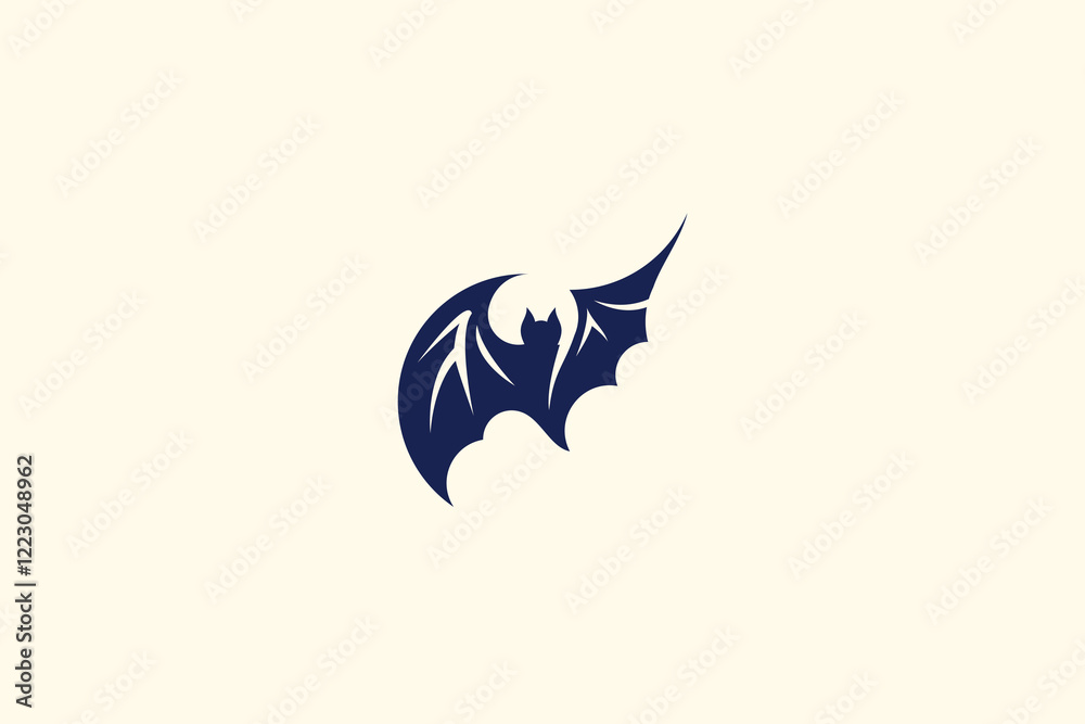 Simple and elegant bat silhouette logo. Dark blue on light background. Clean, modern design. Ideal for Halloween, wildlife, or branding projects. Vector illustration. Simple and elegant bat silhouette logo. Dark blue on light background. Clean, modern design. Ideal for Halloween, wildlife, or branding projects. Vector illustration.