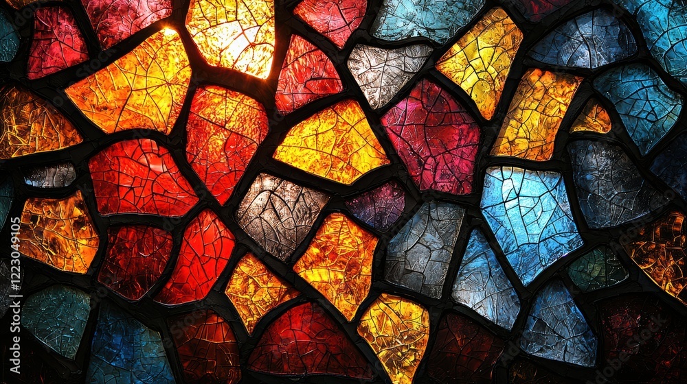 Vibrant stainedglass texture with cracked irregular shapes Vibrant stainedglass texture with cracked irregular shapes