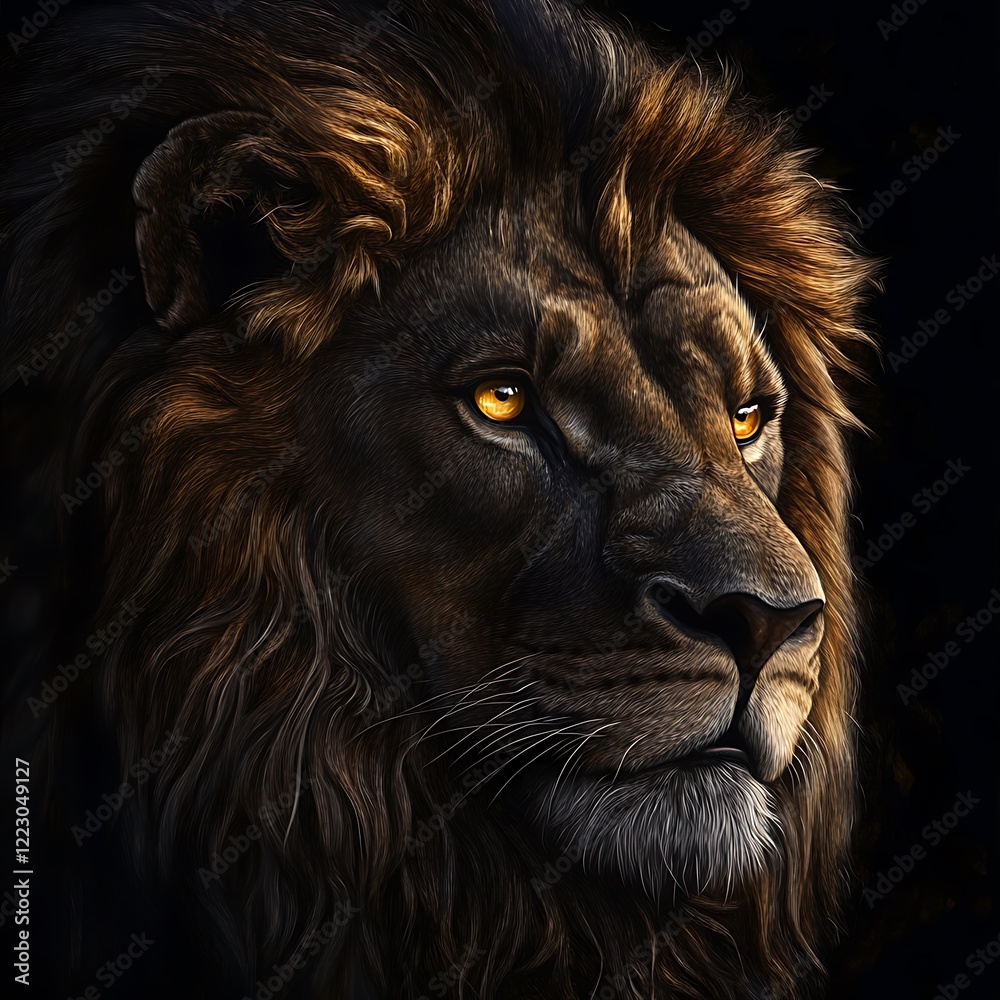 Naklejka premium Majestic Male Lion Portrait Golden Mane and Dark Background, Intense Gaze Wildlife Photography