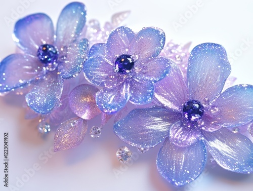 Glittery blue and purple flowers with dewdrops, glowing softly. photo