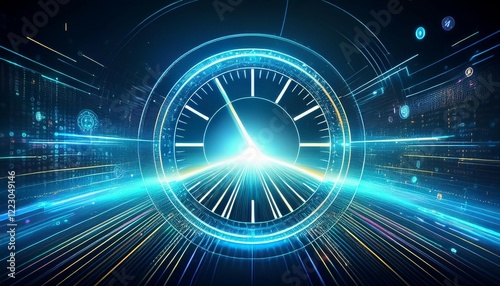 abstract futuristic speed time background with digital clock and data flow hologram cyber technology concept