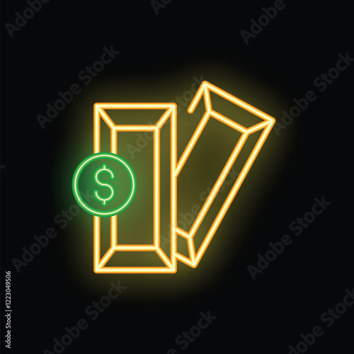 Neon sign representing two gold bars and dollar sign, perfect for illustrating pawn shops, investment, or wealth