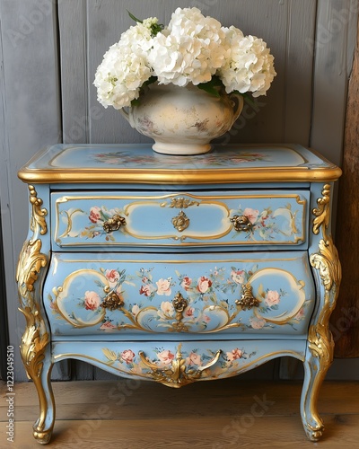 Hand painted rococo antique blue and gold chest of drawers, French chateau furniture.