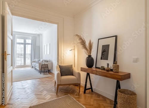 Design an interior of a modern room with a brown wooden console table, an armchair, and a beautiful plant in the corner on a parquet floor near a white wall with a poster frame mockup and elegant pers photo