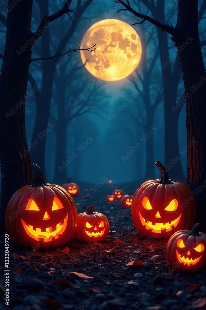 full moon and glowing jack o lanterns in a forest, glow, forest, pumpkins full moon and glowing jack o lanterns in a forest, glow, forest, pumpkins