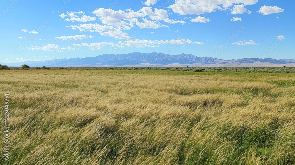 A field of tall grass gently swaying in the breeze with mountains in the distance. A field of tall grass gently swaying in the breeze with mountains in the distance.