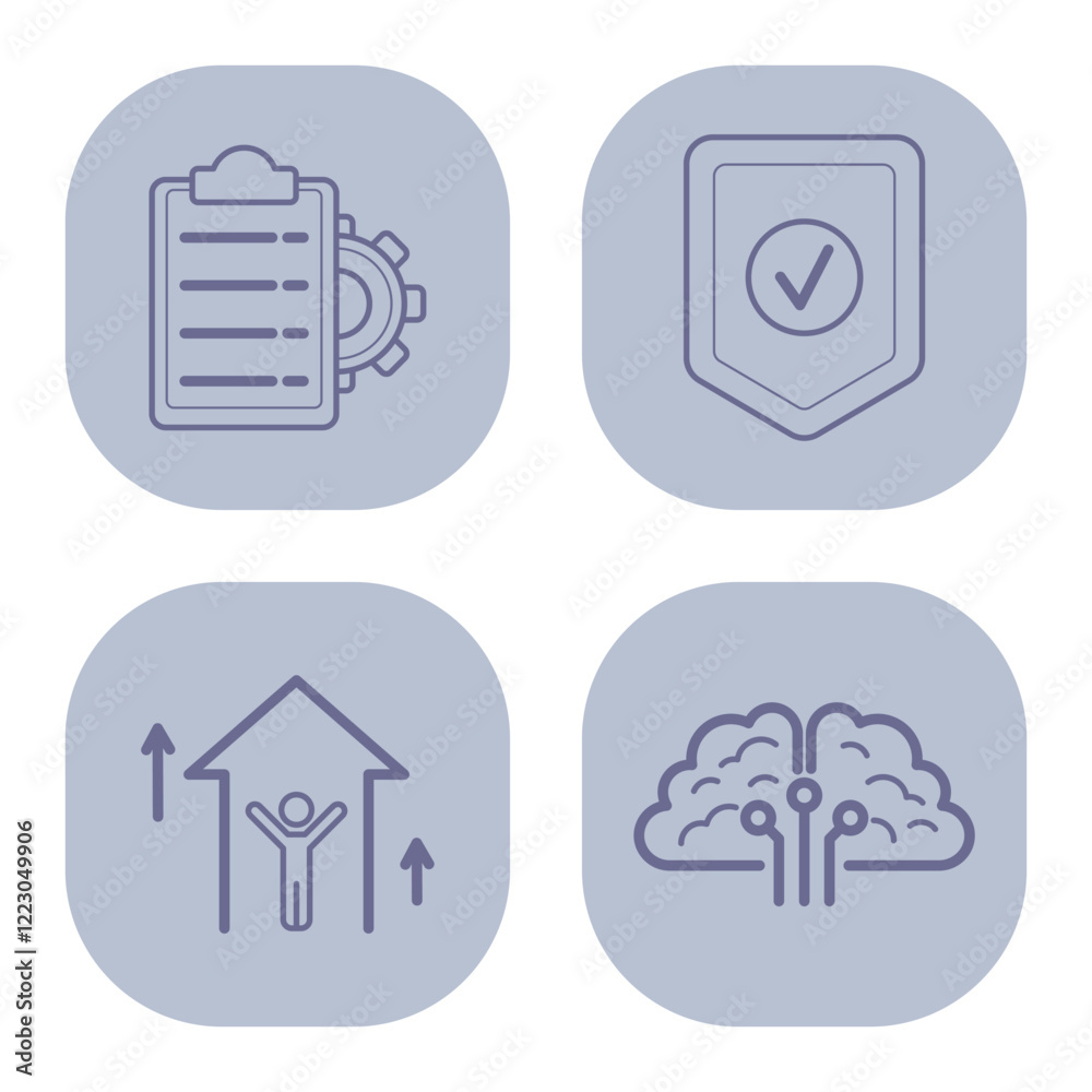 Icons of business concepts. Task management, security assurance, organizational growth, and creative thinking Icons of business concepts. Task management, security assurance, organizational growth, and creative thinking