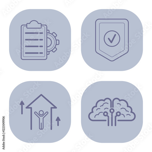 Icons of business concepts. Task management, security assurance, organizational growth, and creative thinking