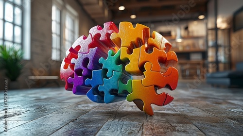 A stunning rainbow-colored puzzle piece brain sits in a spacious industrial loft, representing creativity, innovation, and emotional intelligence through its unique design.