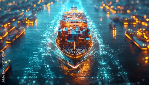 Container ship navigating through a futuristic world map, glowing trade connections symbolizing global commerce, logistics innovation, hyperdetailed, 8K, stunning realism