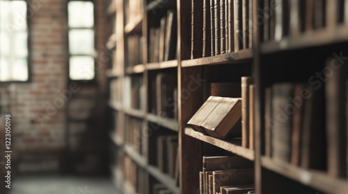 Sunlit old wooden bookshelves filled with antique books in a rustic library.