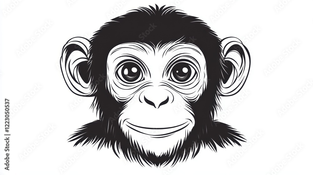 Obraz premium A black and white artistic illustration of a monkey’s face with detailed fur and expressive eyes.