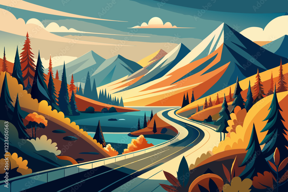 Fototapeta premium Flat Vector Illustration of an Empty Road Through Autumn Mountains
