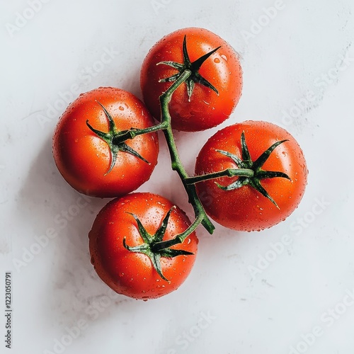 Fresh vine tomatoes on marble, overhead shot, food photography