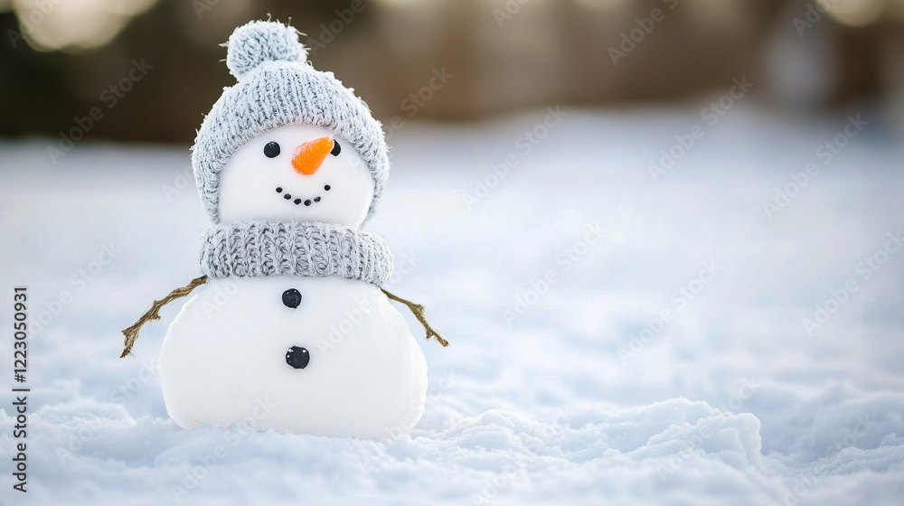 Obraz premium Adorable snowman with a knitted hat and scarf, perfect for holiday greeting cards and winter-themed promotions
