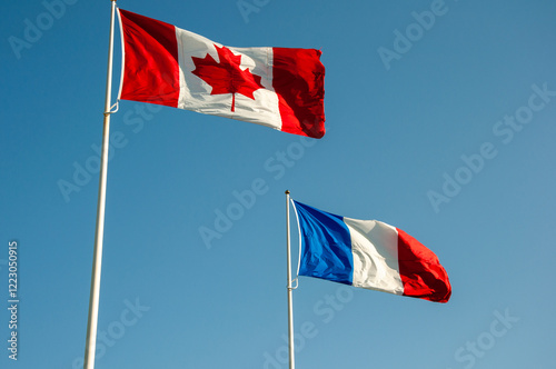 The Canadian and French flags are flying high in a clear blue sky.  No specific people or events are indicated in the image.