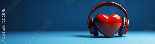 Heartshaped red symbol with headphones on, against a soft blue background, representing heart care and emotional wellbeing, 8K, photorealistic photo