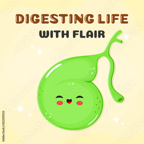 Cute Gallbladder illustration with Digesting life with flair text on yellow background