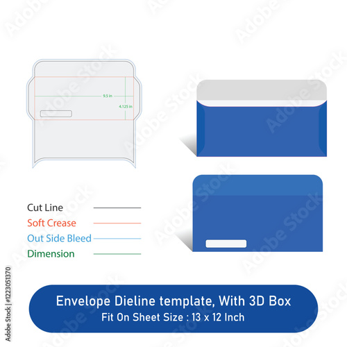 Envelope Dieline template, And 3D Box, Size 9.5 x 4.125 in, Vector File