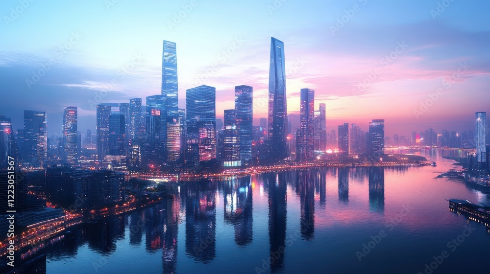 Futuristic urban skyline at sunset reflecting on tranquil water Futuristic urban skyline at sunset reflecting on tranquil water