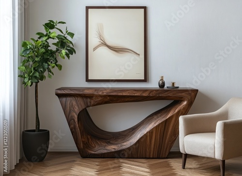 Design an interior of a modern room with a brown wooden console table, an armchair, and a beautiful plant in the corner on a parquet floor near a white wall with a poster frame mockup and elegant pers photo