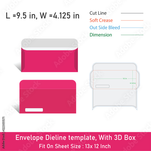 Envelope Dieline template, With 3D Box, Size 9.5 x 4.125 in, Vector File
