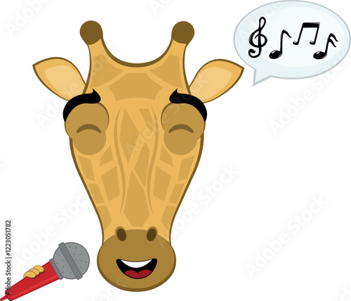 vector illustration emoji head character giraffe cartoon, singing with a microphone in hand, a speech bubble and musical notes