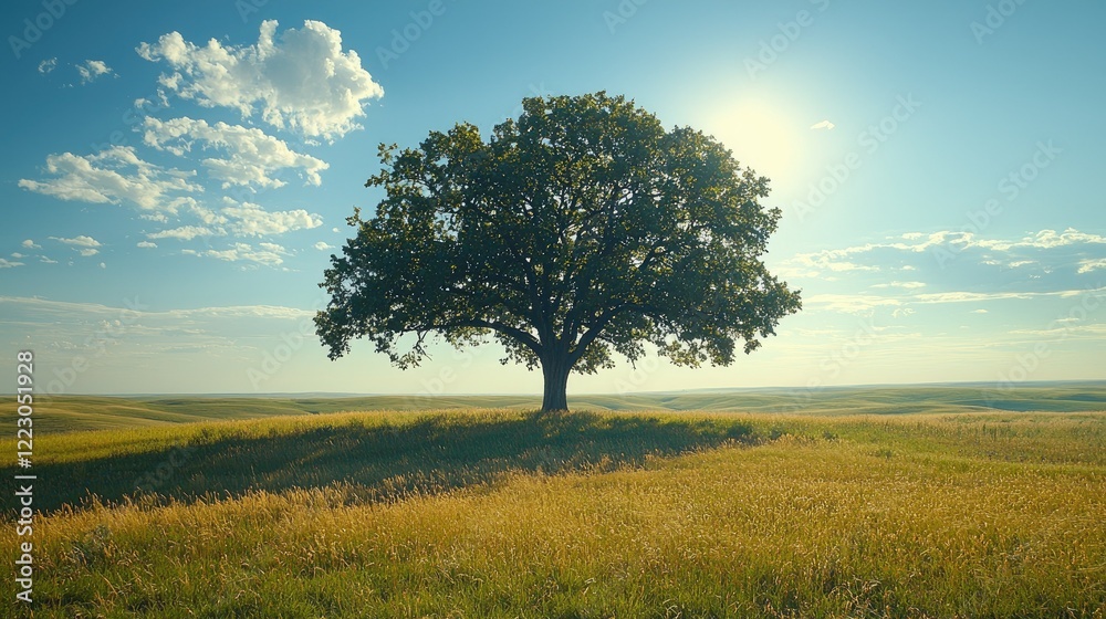 Fototapeta premium Solitary Oak Tree in Rolling Prairie Landscape