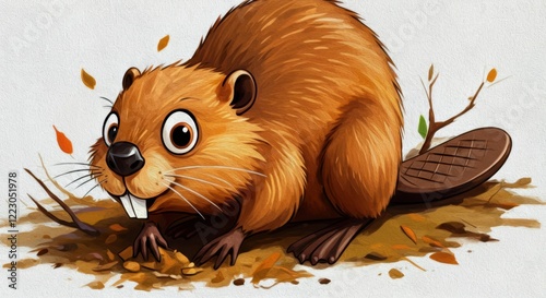 Cartoon the beaver rakes the ground with its paws, creating a small entrance to the burrow photo