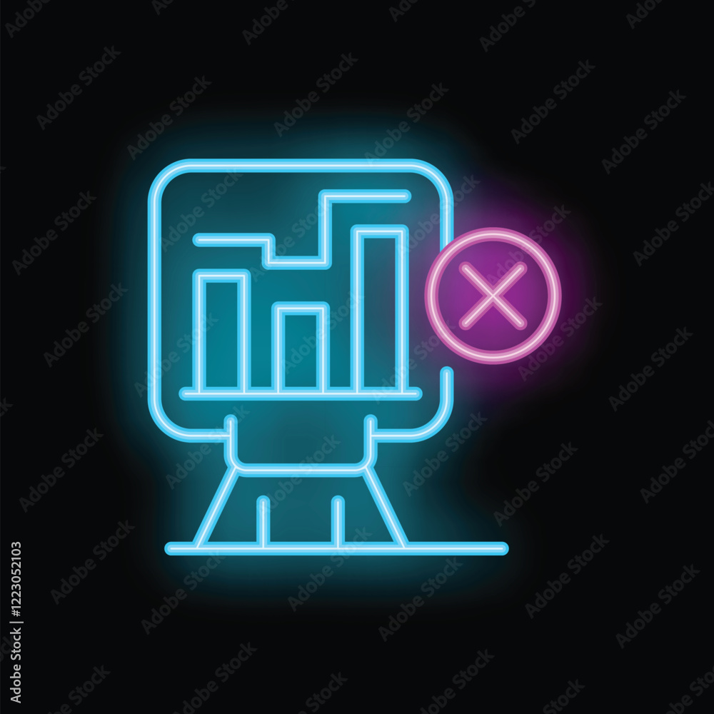 Neon sign displaying a presentation screen with growing bars and a cancel symbol Neon sign displaying a presentation screen with growing bars and a cancel symbol