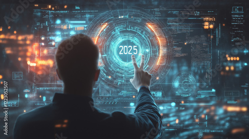 Navigating the Future: A futuristic concept depicting a businessman interacting with a holographic interface, showcasing the year 2025 as a focal point.  The scene evokes a sense of progress.
