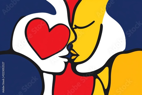 Colorful love illustration showing two figures kissing with a heart shape in the background