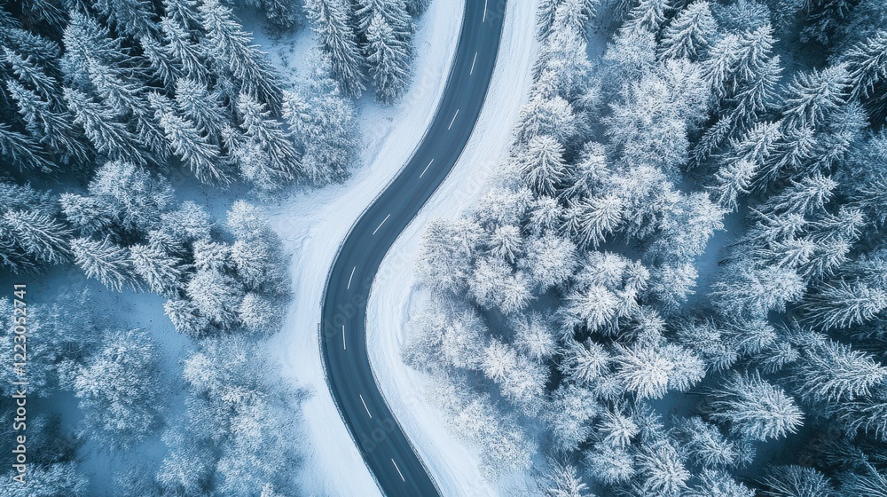 Aerial view of snow-covered forest and winding road in winter wonderland Aerial view of snow-covered forest and winding road in winter wonderland