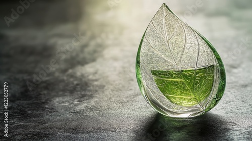 Leaf-shaped glass container filled with vibrant green liquid on a smooth surface. photo