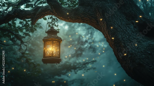 Glowing lantern hanging on a tree branch in a misty forest with fireflies surrounding it. photo