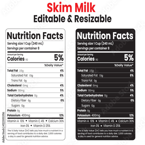 skim milk nutrition facts, skim milk nutrition information, nutritional value of skim milk,  nutrition facts, nutrition facts label, supplement facts, supplement, editable and resizable, vector
