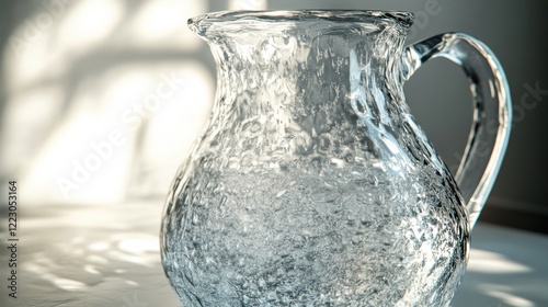 Textured transparent glass pitcher with intricate details on a softly lit surface. photo