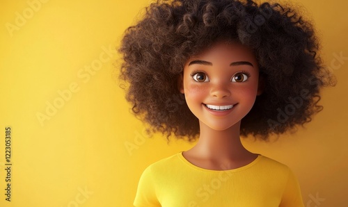 Cheerful 3D Cartoon Girl with Curly Hair in Yellow Shirt, Happy Smiling African Teenage Character, Positive Emotion, Joyful Young Woman on Light Background, Generative AI