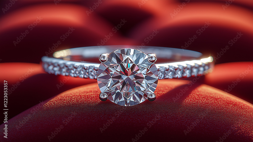 Stunning Engagement Ring with Diamond Center on Red Silk Fabric